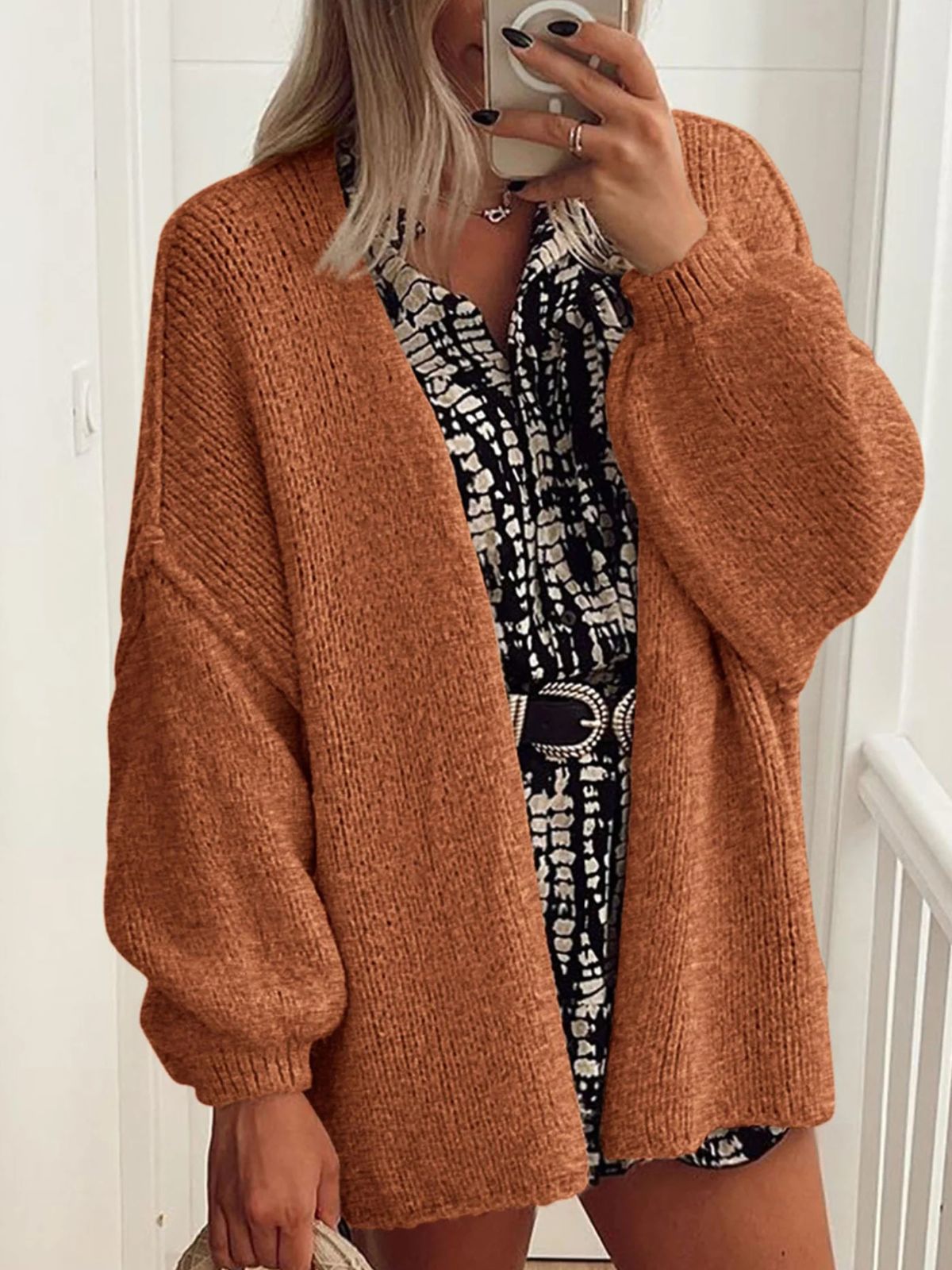 Solid Oversized Camel Outwear Fall Long Lantern Sleeve Knit Cardigan