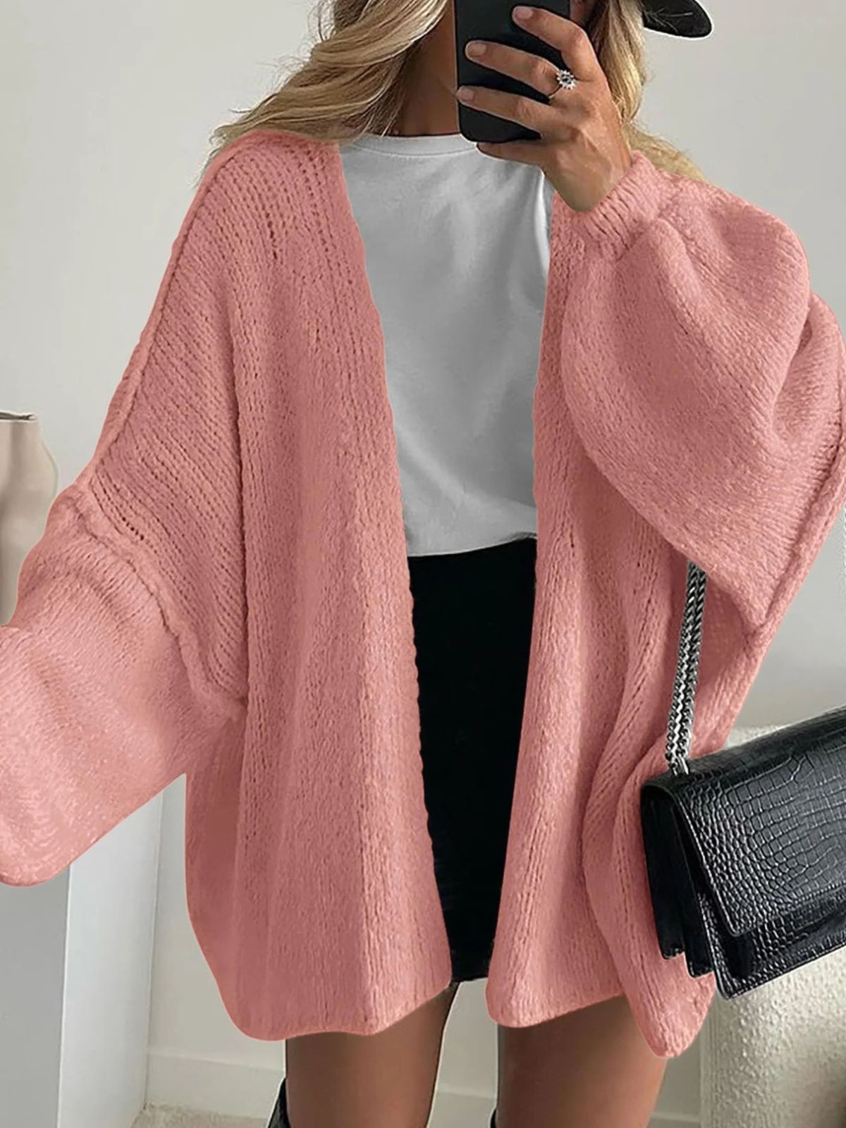 Solid Oversized Camel Outwear Fall Long Lantern Sleeve Knit Cardigan