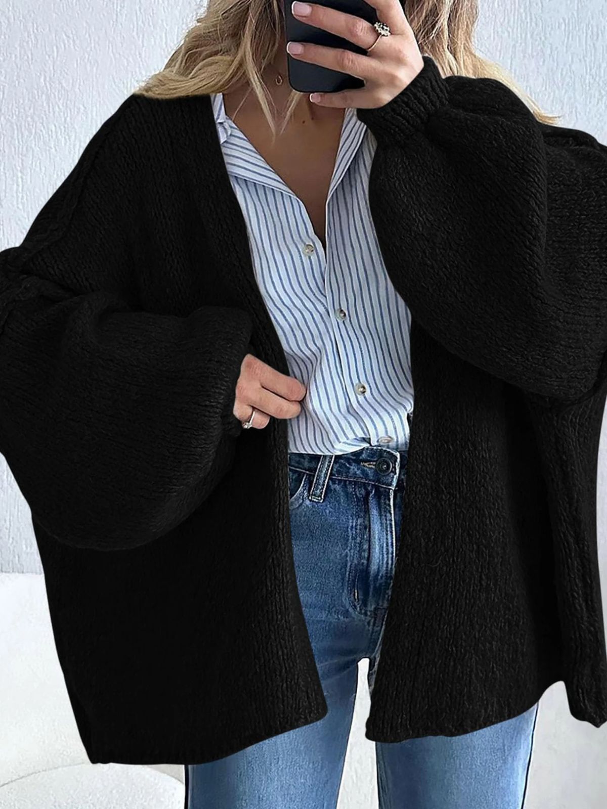 Solid Oversized Camel Outwear Fall Long Lantern Sleeve Knit Cardigan