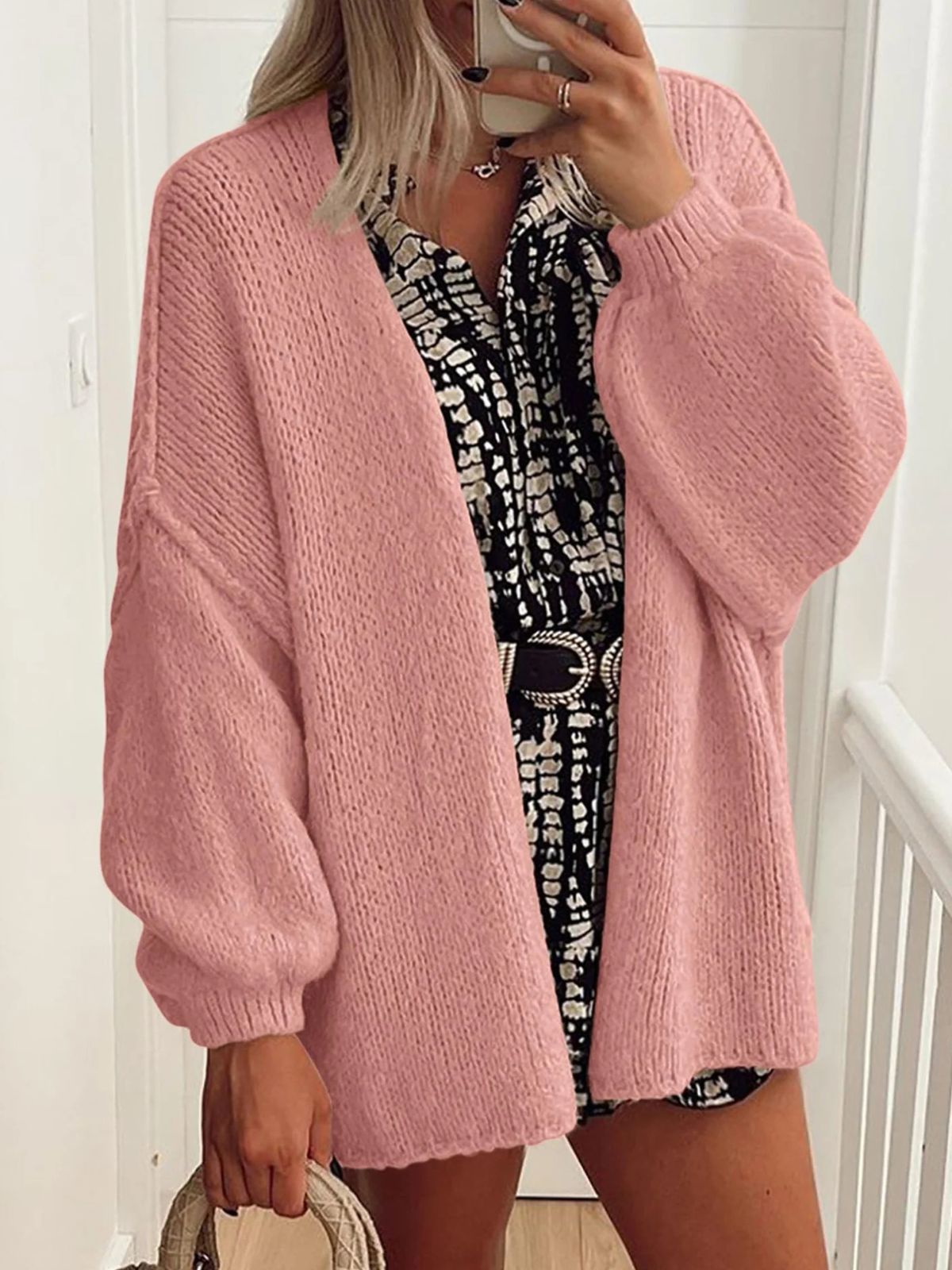 Solid Oversized Camel Outwear Fall Long Lantern Sleeve Knit Cardigan