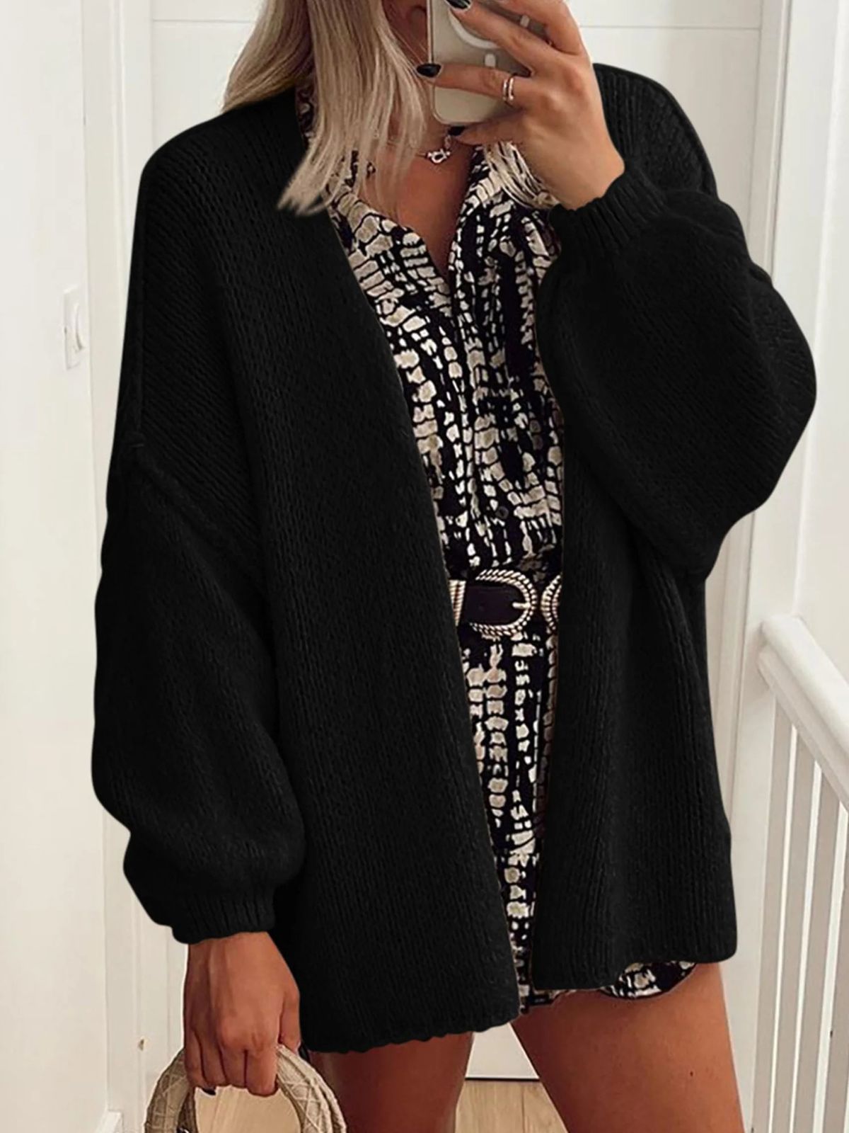 Solid Oversized Camel Outwear Fall Long Lantern Sleeve Knit Cardigan
