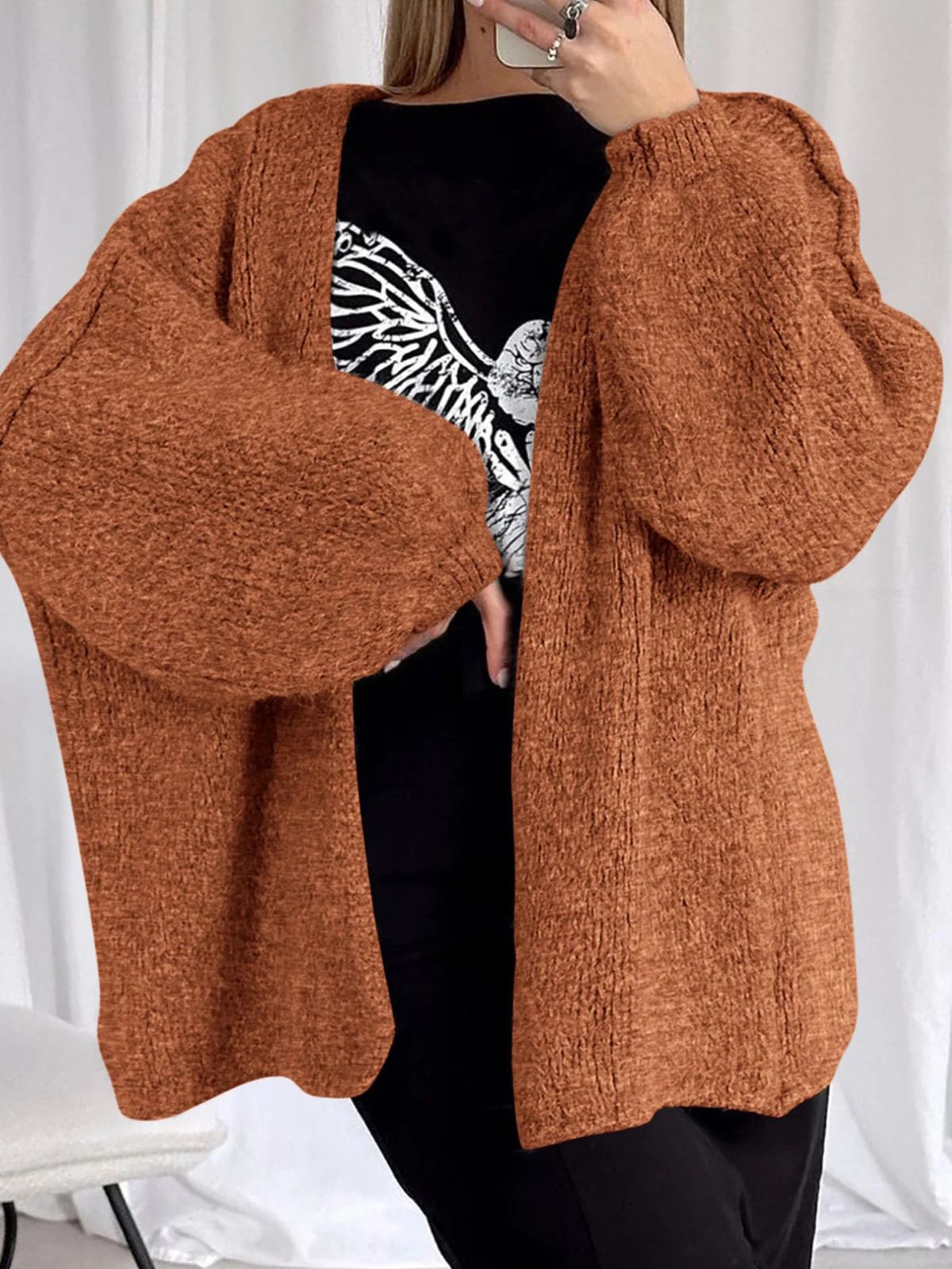 Solid Oversized Camel Outwear Fall Long Lantern Sleeve Knit Cardigan