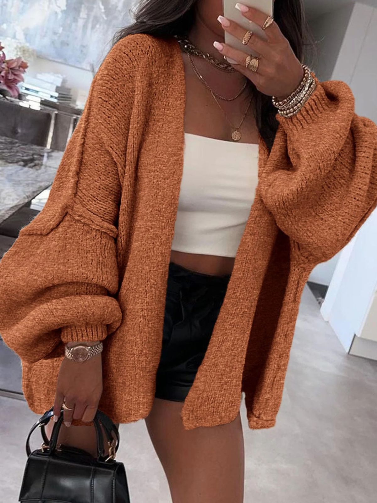 Solid Oversized Camel Outwear Fall Long Lantern Sleeve Knit Cardigan