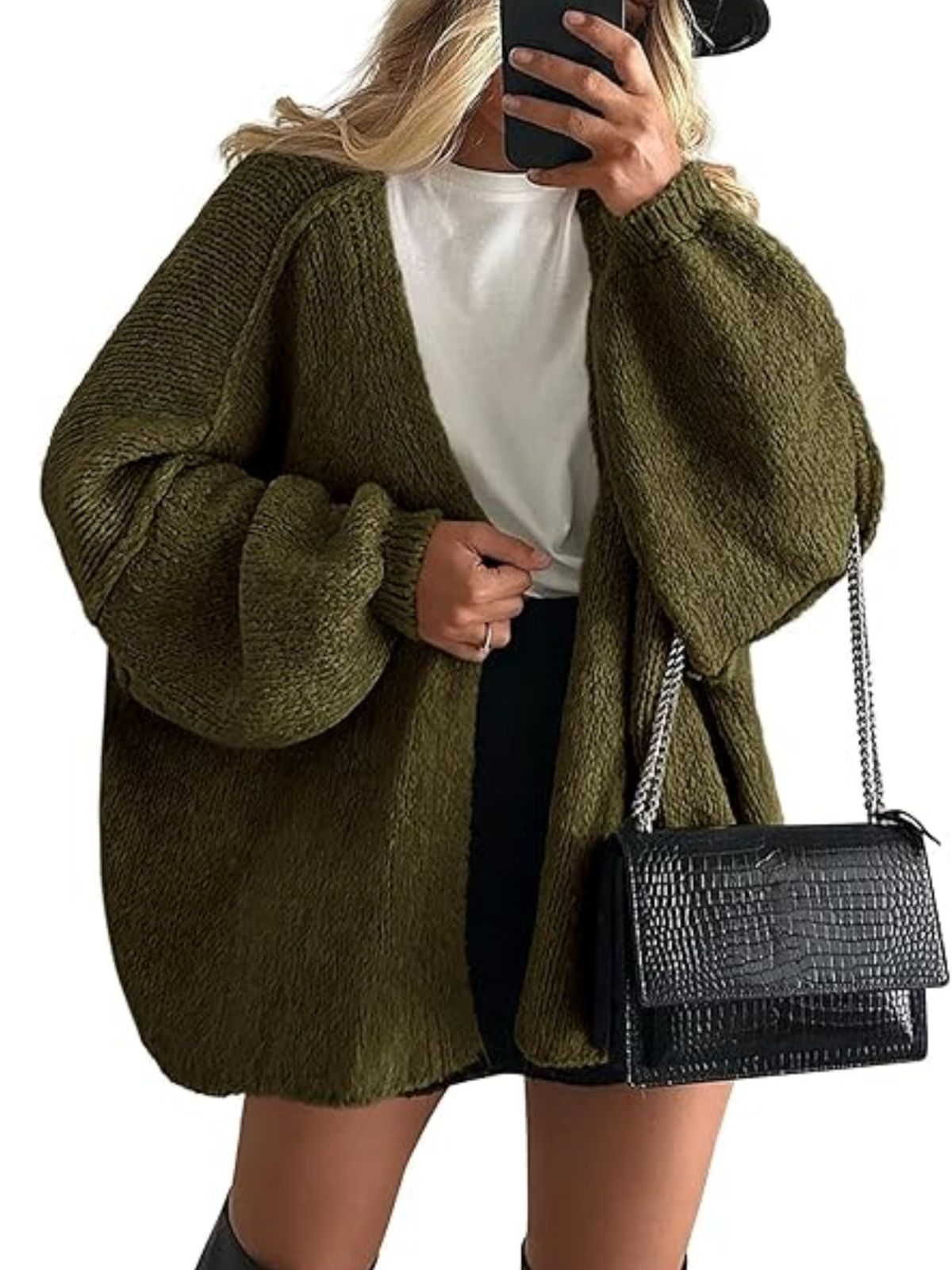 Solid Oversized Camel Outwear Fall Long Lantern Sleeve Knit Cardigan
