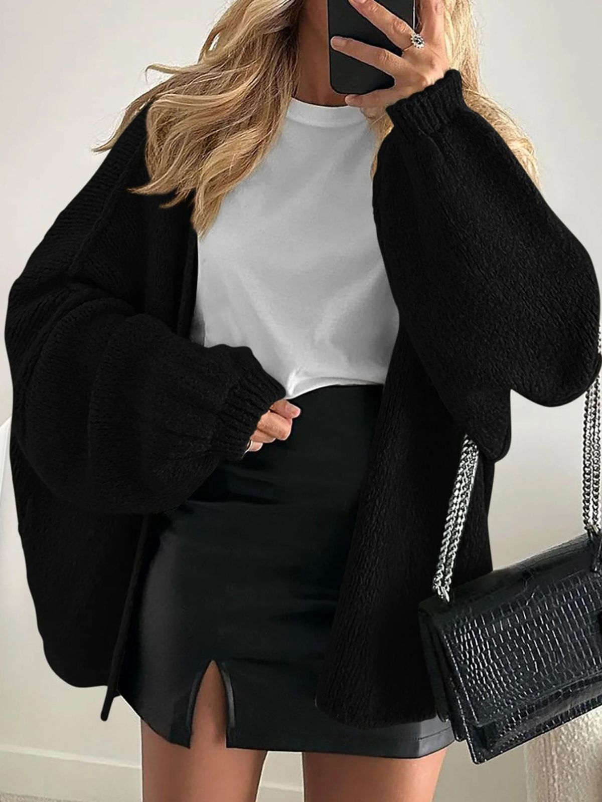 Solid Oversized Camel Outwear Fall Long Lantern Sleeve Knit Cardigan