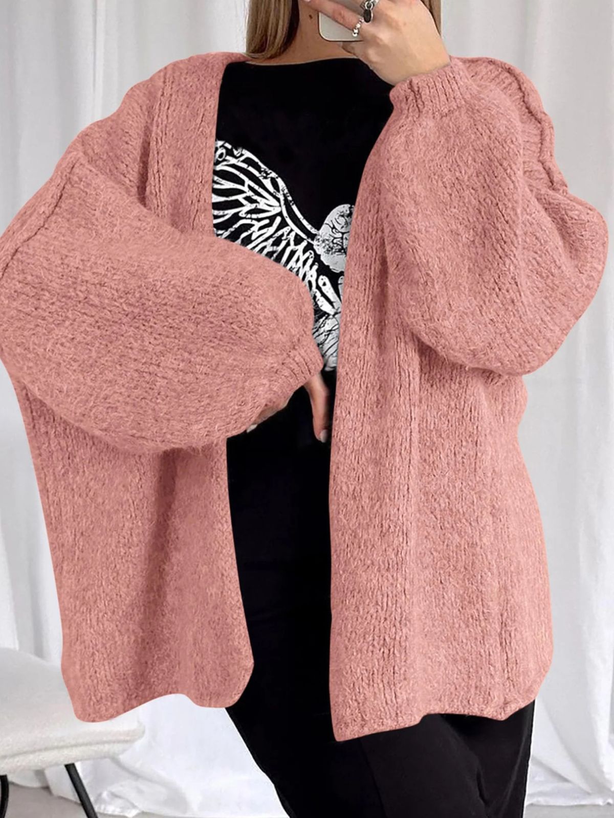 Solid Oversized Camel Outwear Fall Long Lantern Sleeve Knit Cardigan