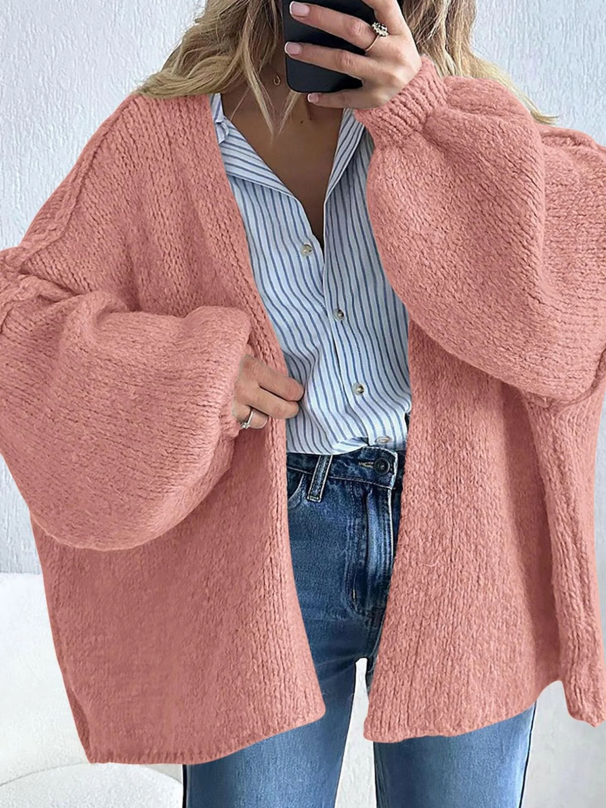 Solid Oversized Camel Outwear Fall Long Lantern Sleeve Knit Cardigan