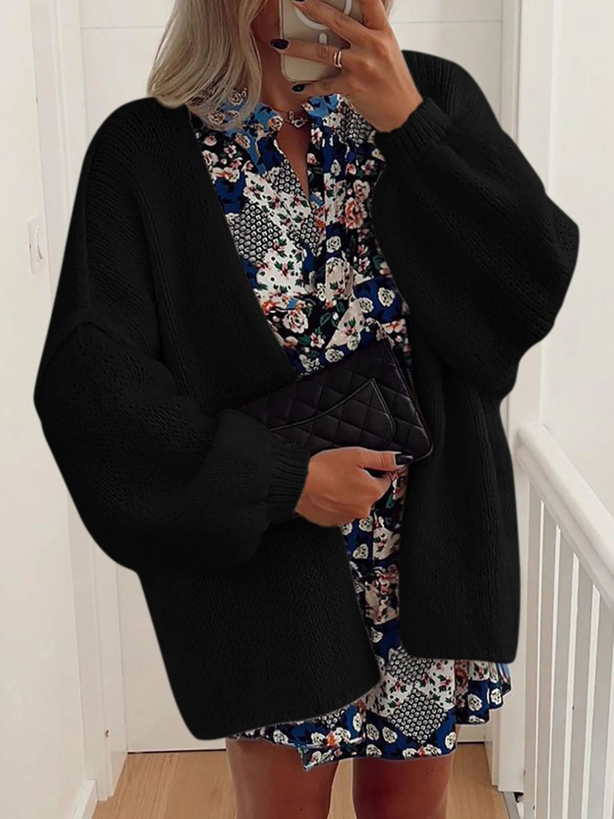 Solid Oversized Camel Outwear Fall Long Lantern Sleeve Knit Cardigan