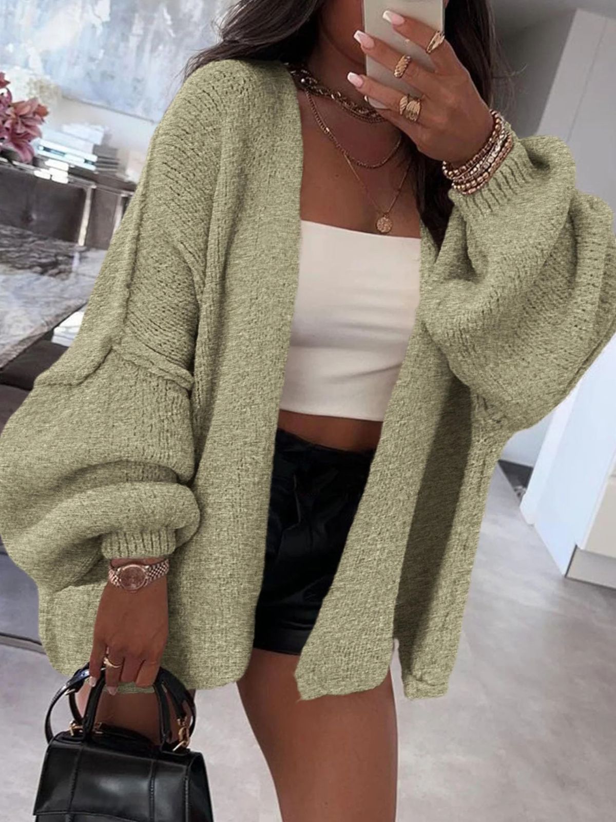 Solid Oversized Camel Outwear Fall Long Lantern Sleeve Knit Cardigan