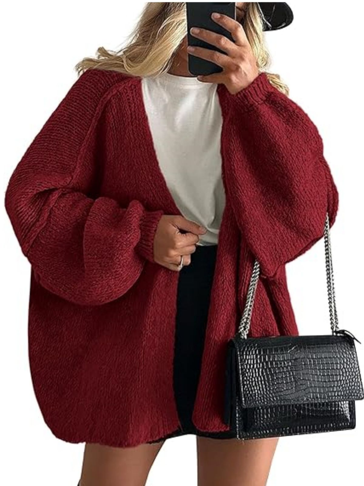 Solid Oversized Camel Outwear Fall Long Lantern Sleeve Knit Cardigan