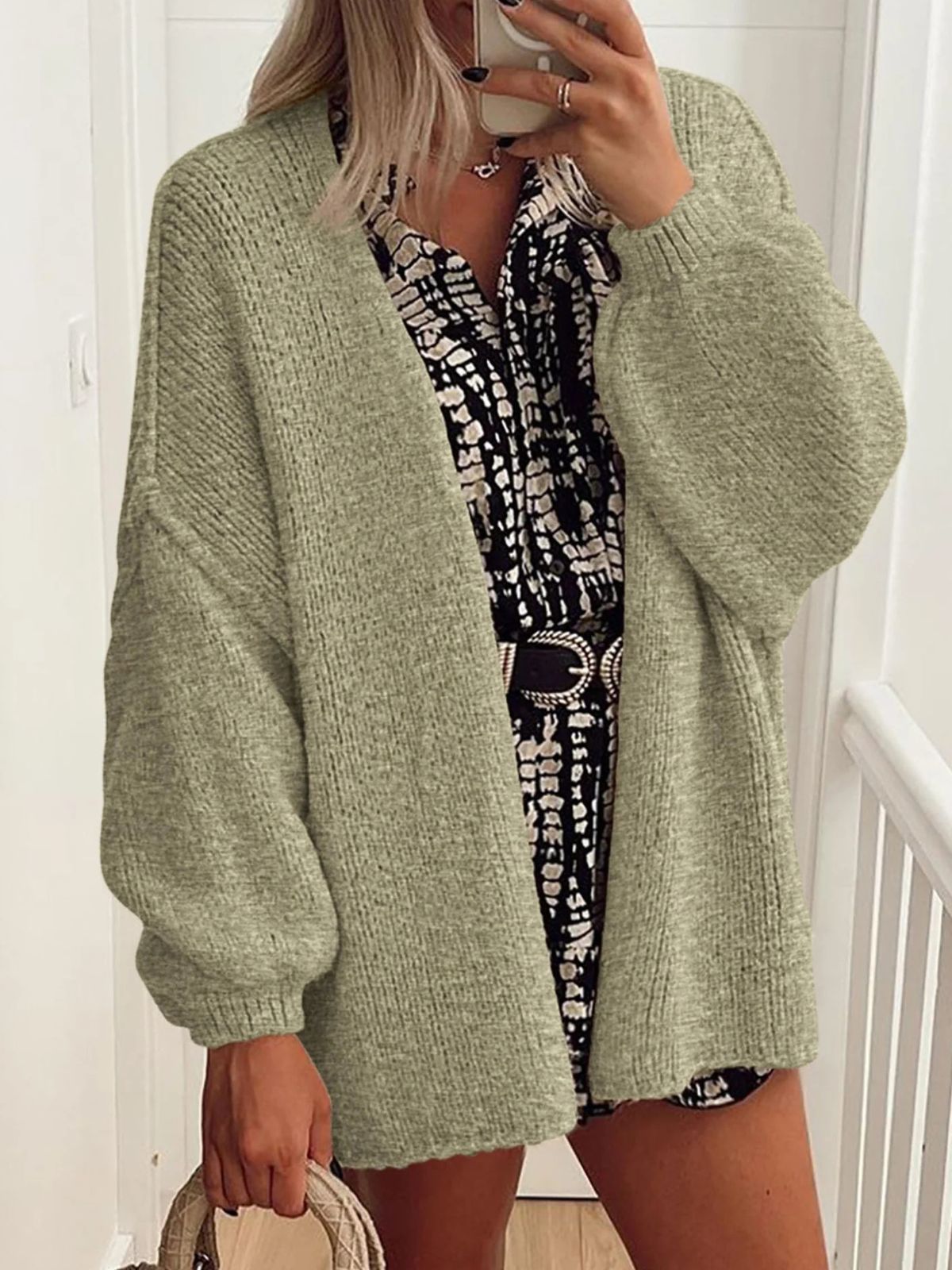 Solid Oversized Camel Outwear Fall Long Lantern Sleeve Knit Cardigan