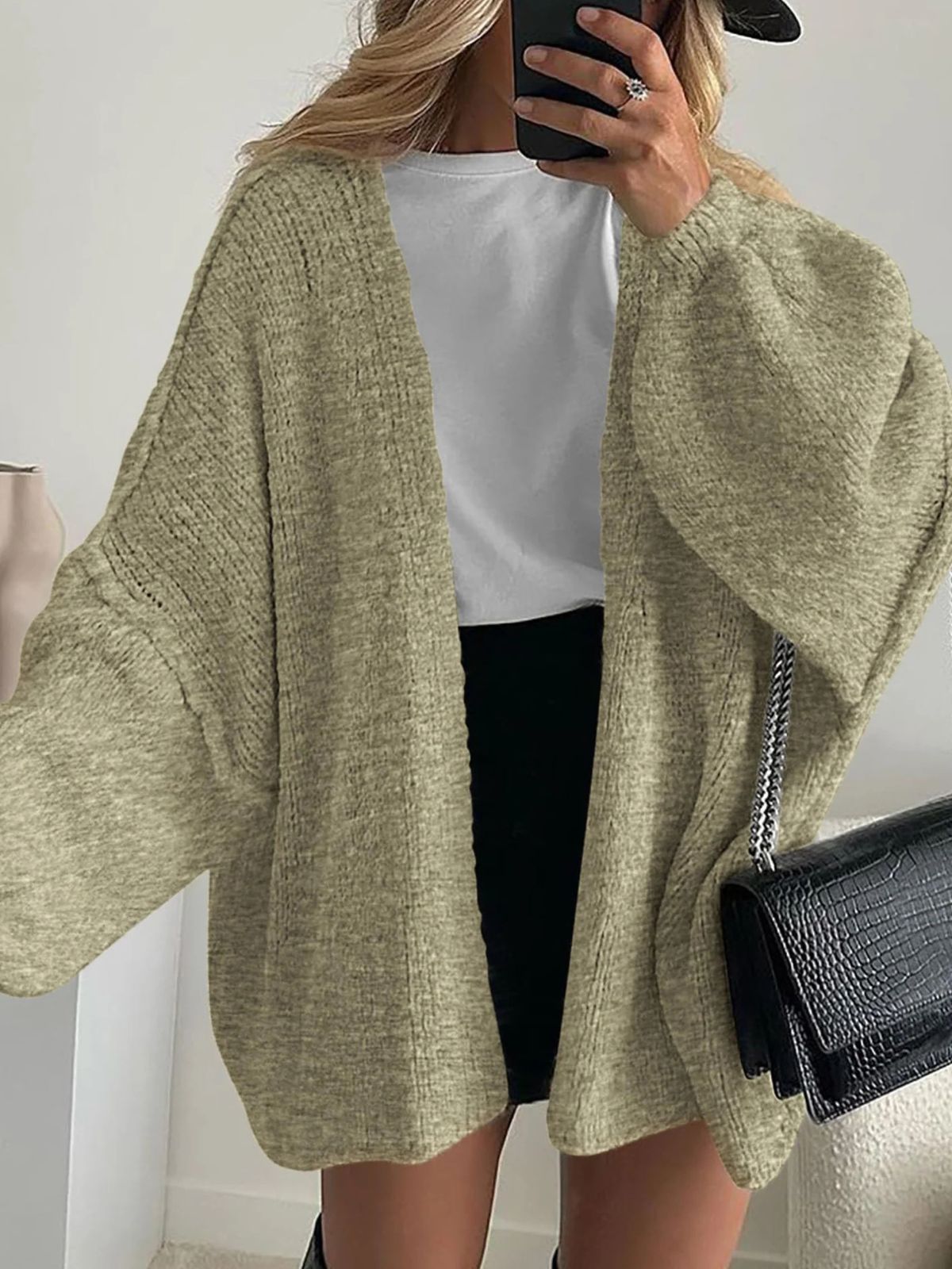 Solid Oversized Camel Outwear Fall Long Lantern Sleeve Knit Cardigan