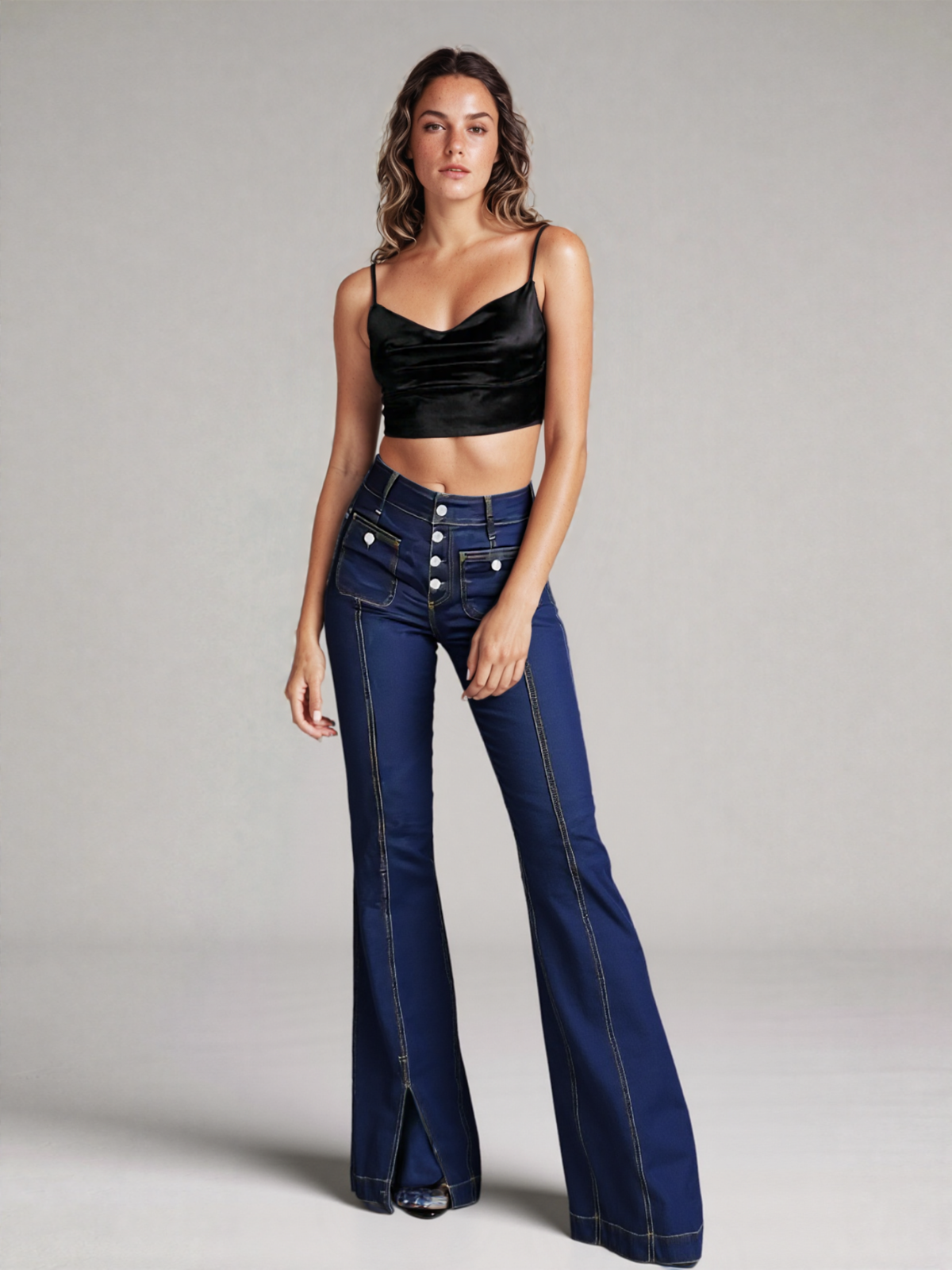 Casual Basic Plain Button Pocket High Rise Stretchy Flare Leg Denim Jeans