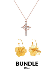 2-Piece Fashion Jewelry set: Double Layer Hollow Flower Earrings + Crown Cross Pendant Necklace Set