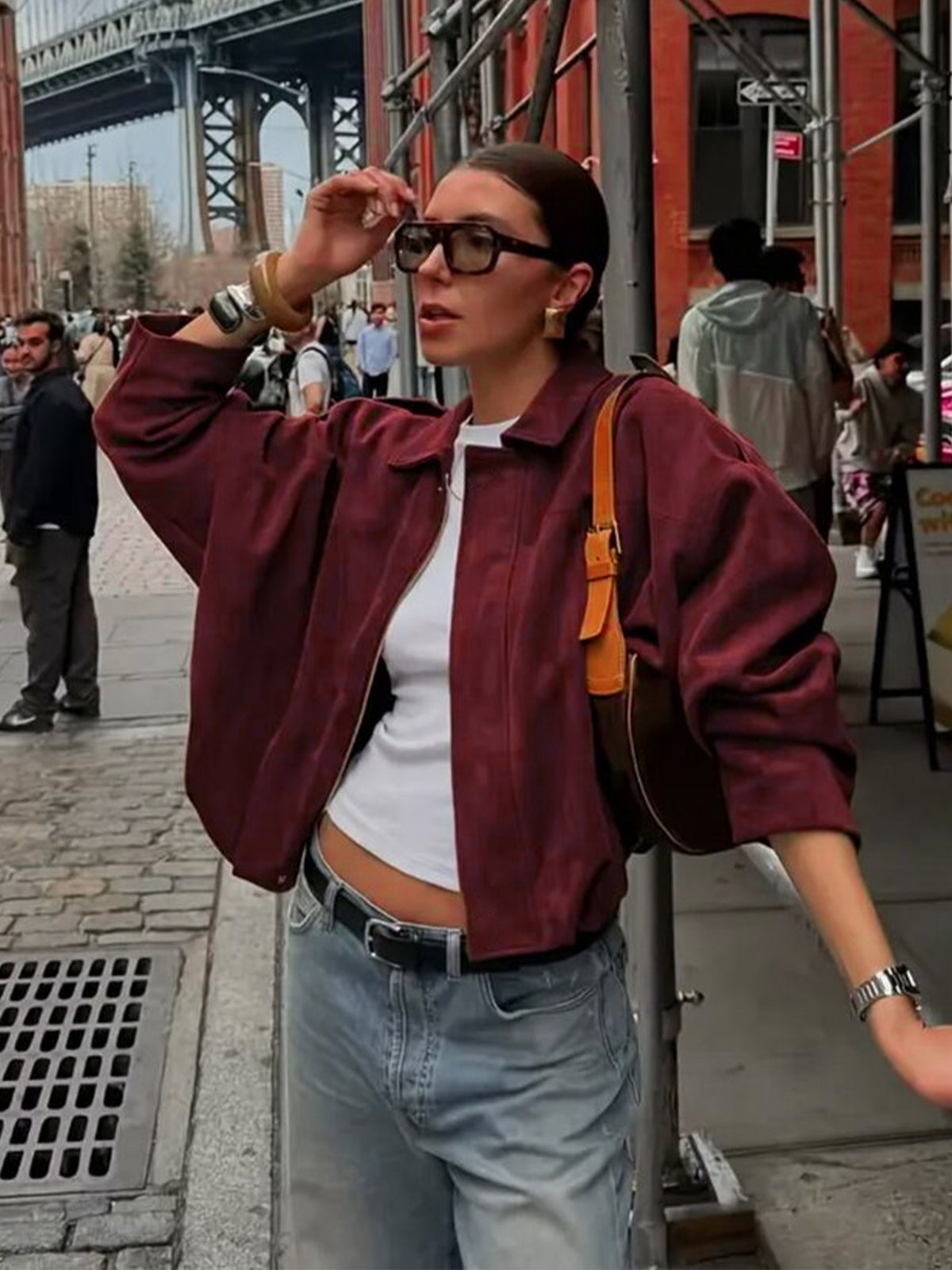 Solid Lapel Drop Shoulder Military Short Coat Trendy Army Color Outwear