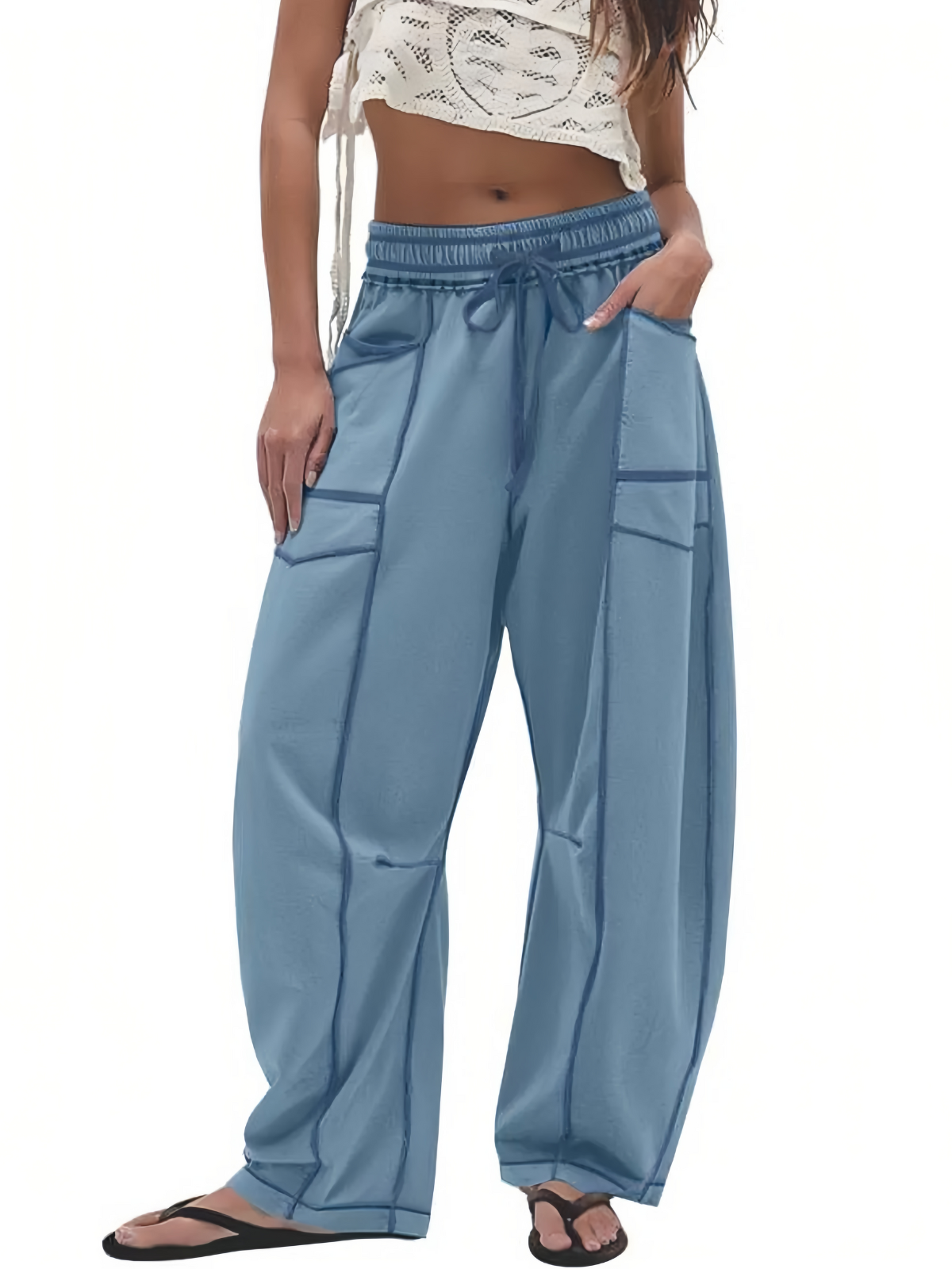 Athletic Baggy Colorblock Soft Fabric Vogue Design Stitching Medium Rise Palazzo Pants