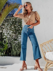Stretchy High Waisted Stretchy Straight Leg Buttoned Loose Pocket Denim Jeans