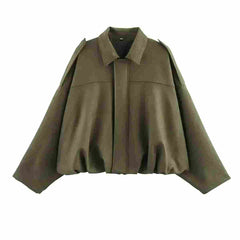 Solid Lapel Drop Shoulder Military Short Coat Trendy Army Color Outwear