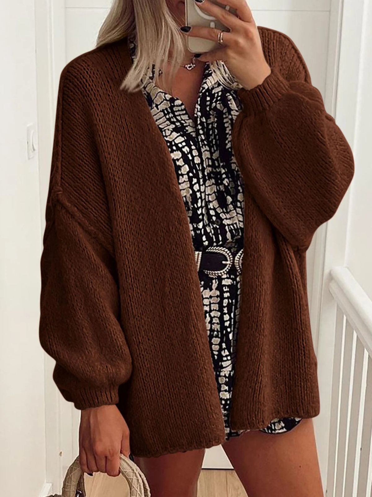 Solid Oversized Camel Outwear Fall Long Lantern Sleeve Knit Cardigan