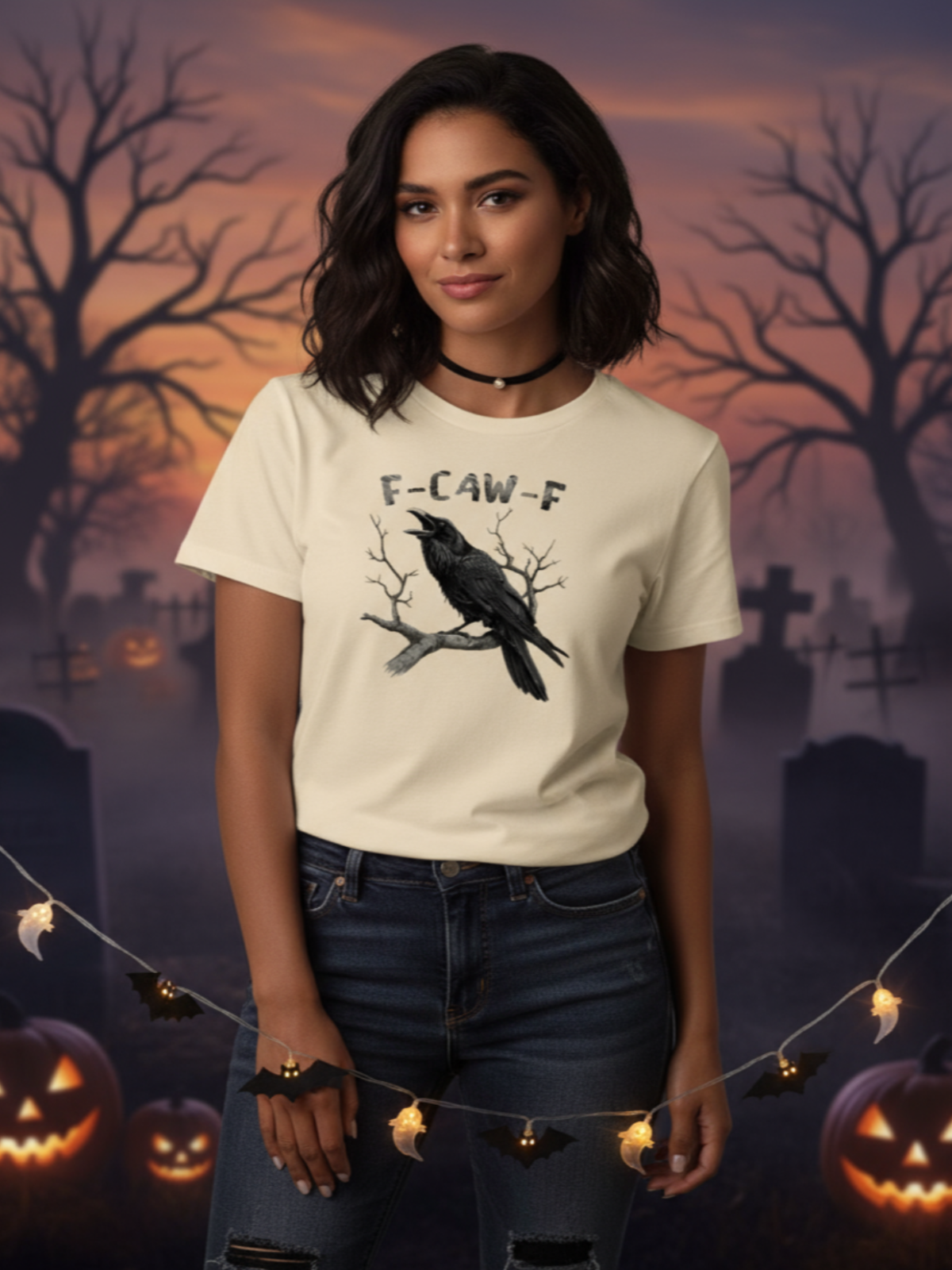 Halloween Witchy Raven F-CAW-F Dark Humor Text Round Neck T-shirt