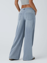 Washed Denim Asymmetric Low Rise Zipper Pockets Baggy Wide Leg Washed Casual Jeans