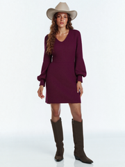 Solid Casual V-neck Honeycomb Lantern Long Sleeve A-line Sweater Dress Fall Dress