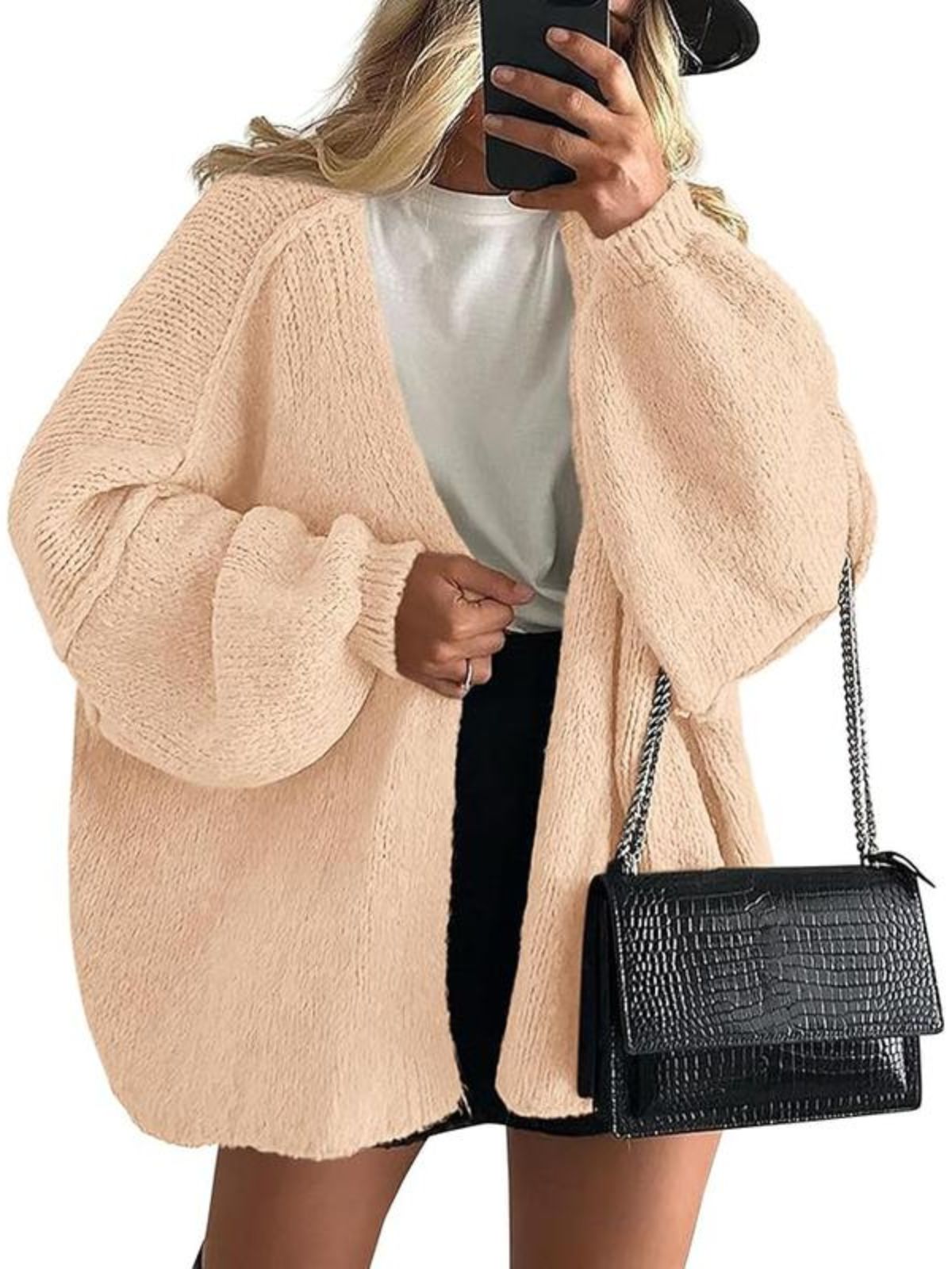 Solid Oversized Camel Outwear Fall Long Lantern Sleeve Knit Cardigan