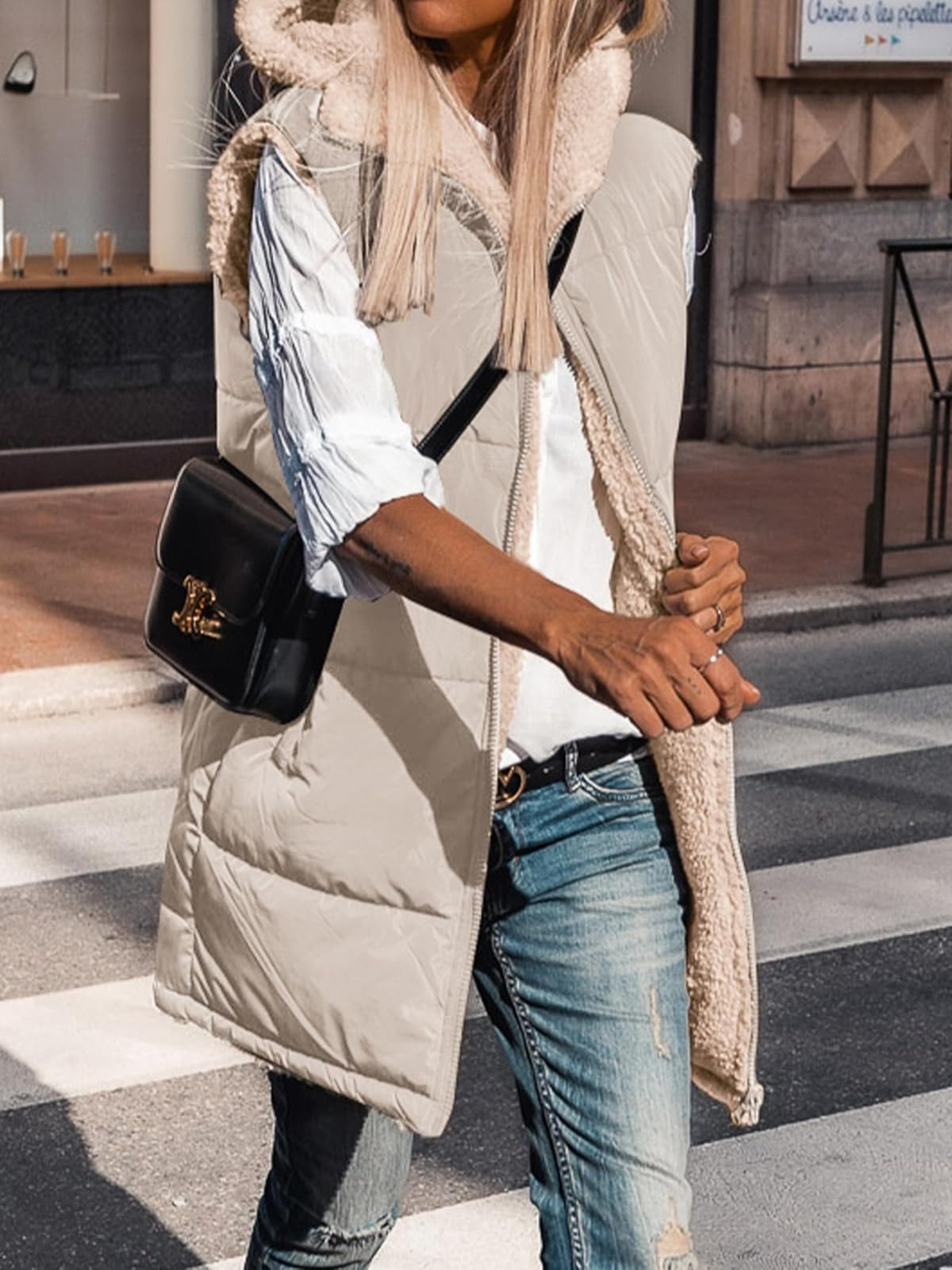 Solid Pocket Zip Up Hooded Basic Casual Vest