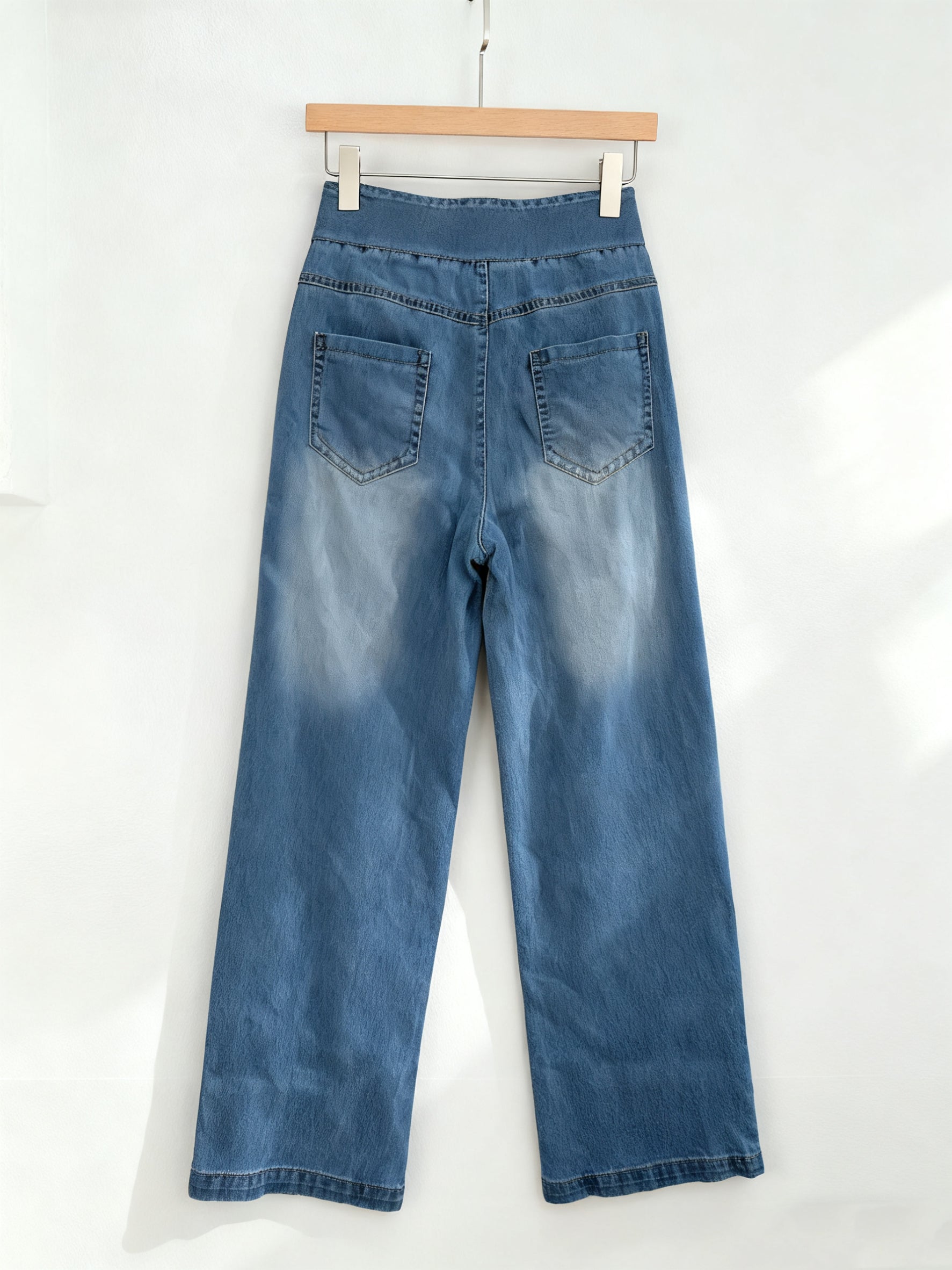 Baggy Washed Stretchy Knit High Waisted Multiple Pockets Baggy Wide Leg Denim Jeans
