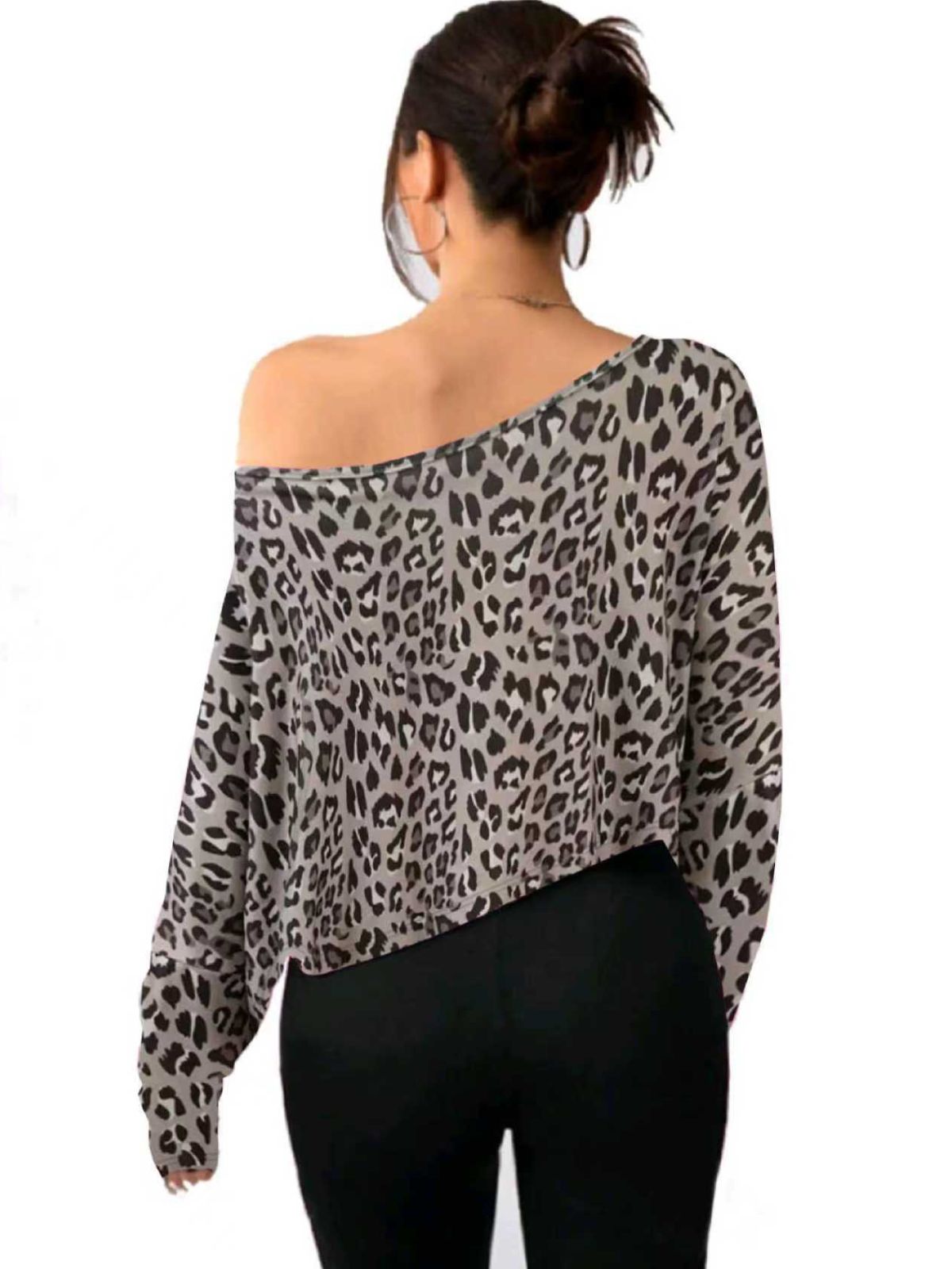 Solid Round Neck Drop Shoulder Casual Long Sleeve Crop T-shirt  for All Seasons