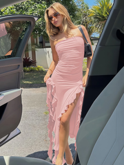 Solid Sexy Party Club Ruffles Spaghetti Strap Slit Fitted Dress