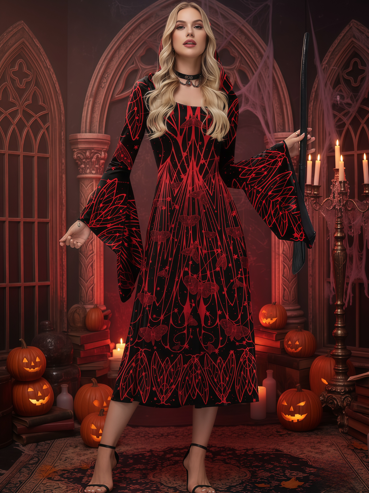 Gingham Insect Moth Halloween Dark Style Plaid Hooded Flare Sleeve A-line Dress