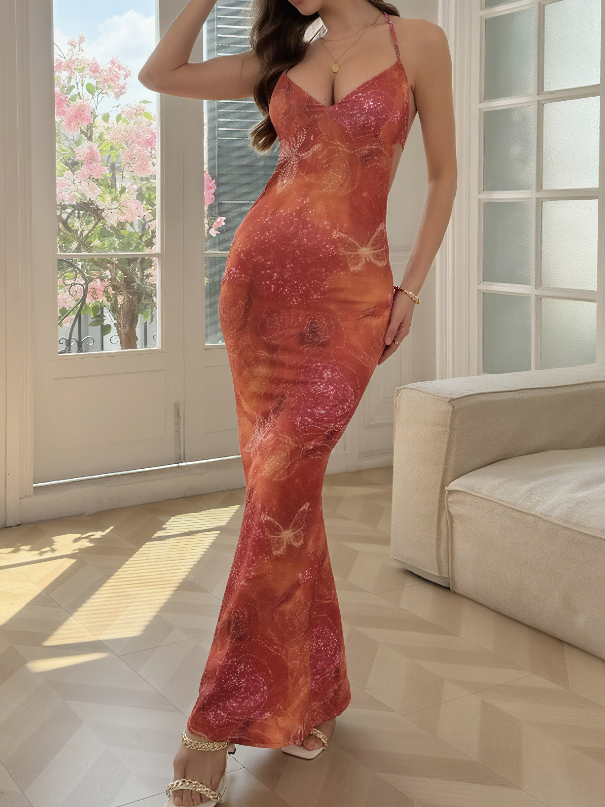 Floral Sexy Vacation Lace-up Halter Cut-out waist Bodycon Long Dress