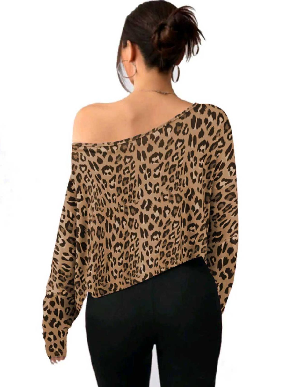 Solid Round Neck Drop Shoulder Casual Long Sleeve Crop T-shirt  for All Seasons
