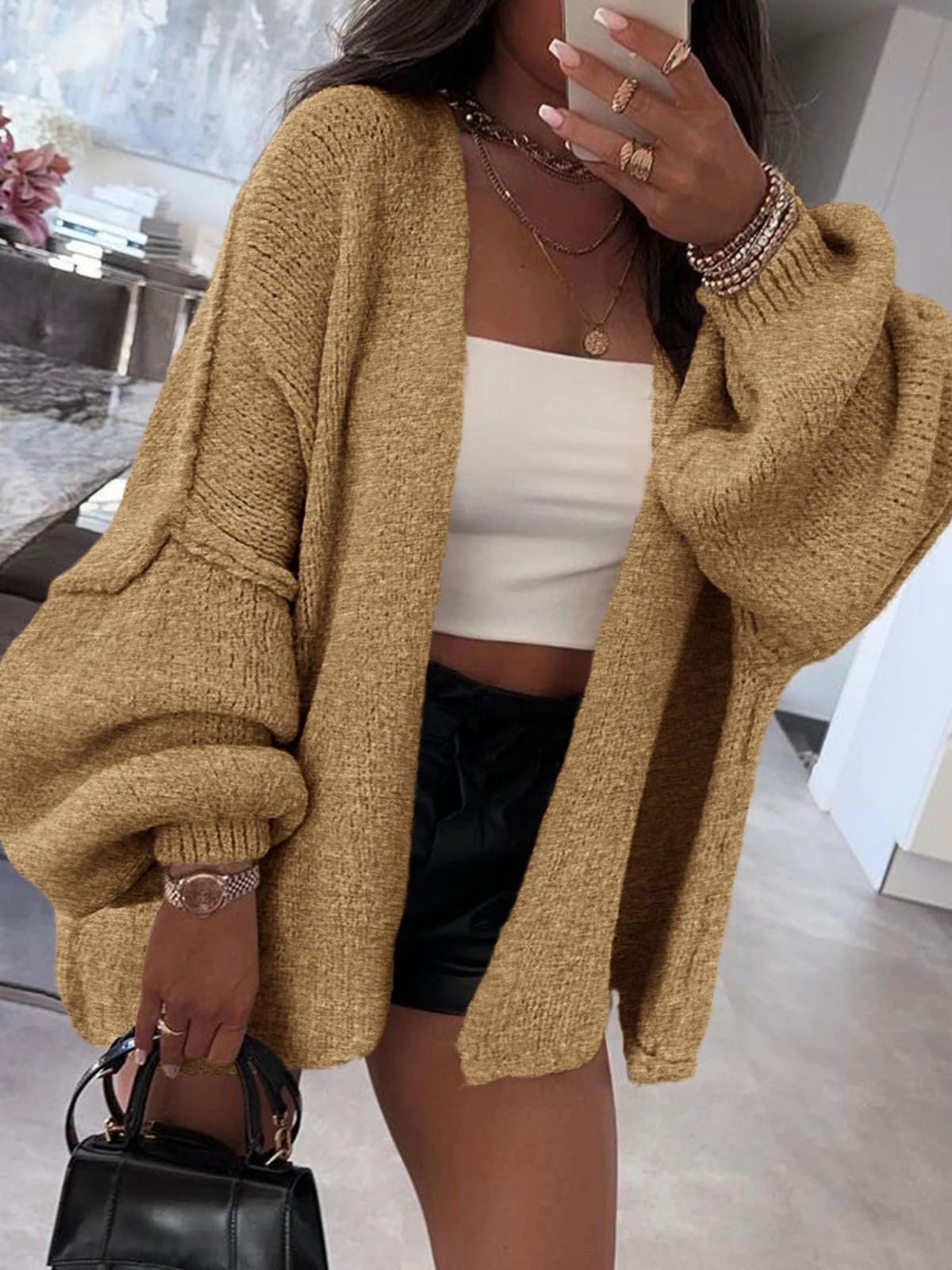 Solid Oversized Camel Outwear Fall Long Lantern Sleeve Knit Cardigan