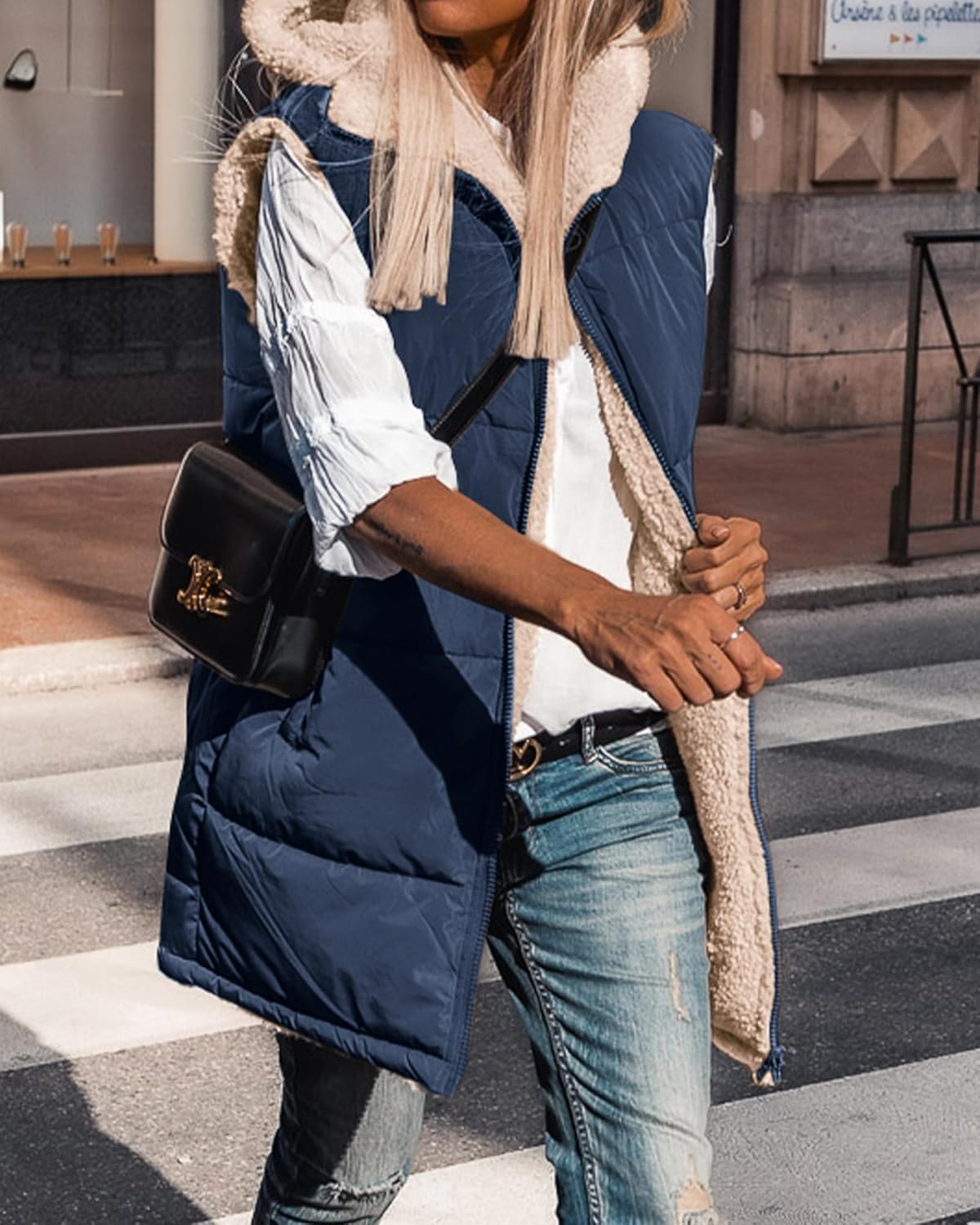 Solid Pocket Zip Up Hooded Basic Casual Vest