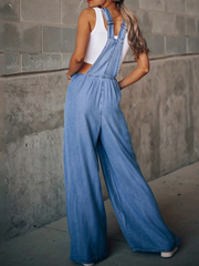 Vintage Square Neck Denim Wide Leg Pocket Jumpsuit