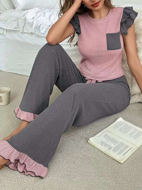 2pcs Colorblock Flounce Pajama Pants Set