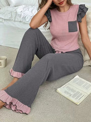 2pcs Colorblock Flounce Pajama Pants Set