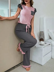 2pcs Colorblock Flounce Pajama Pants Set