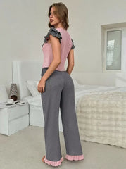 2pcs Colorblock Flounce Pajama Pants Set