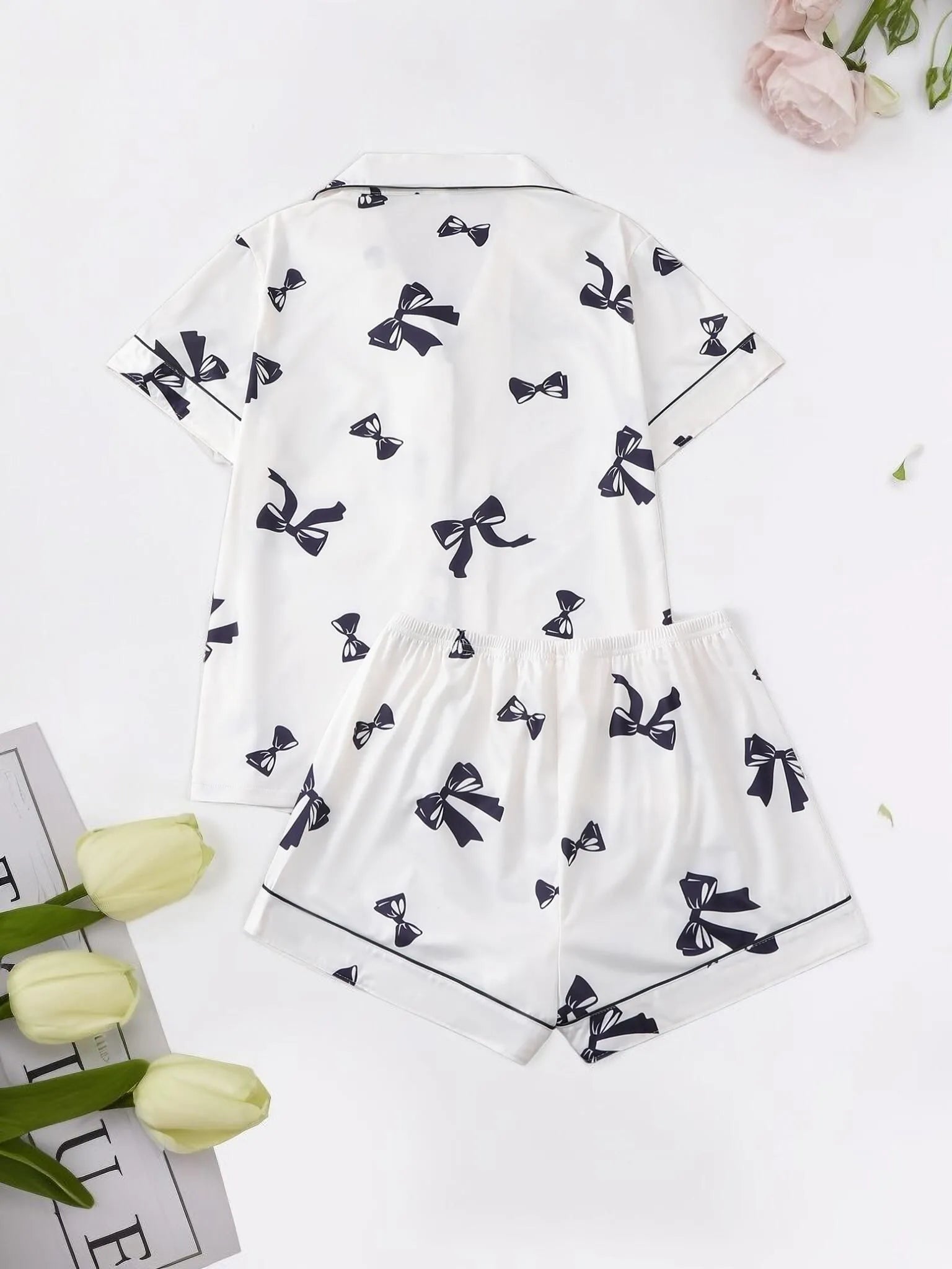 2pcs Bowtie Pajama Shorts Set