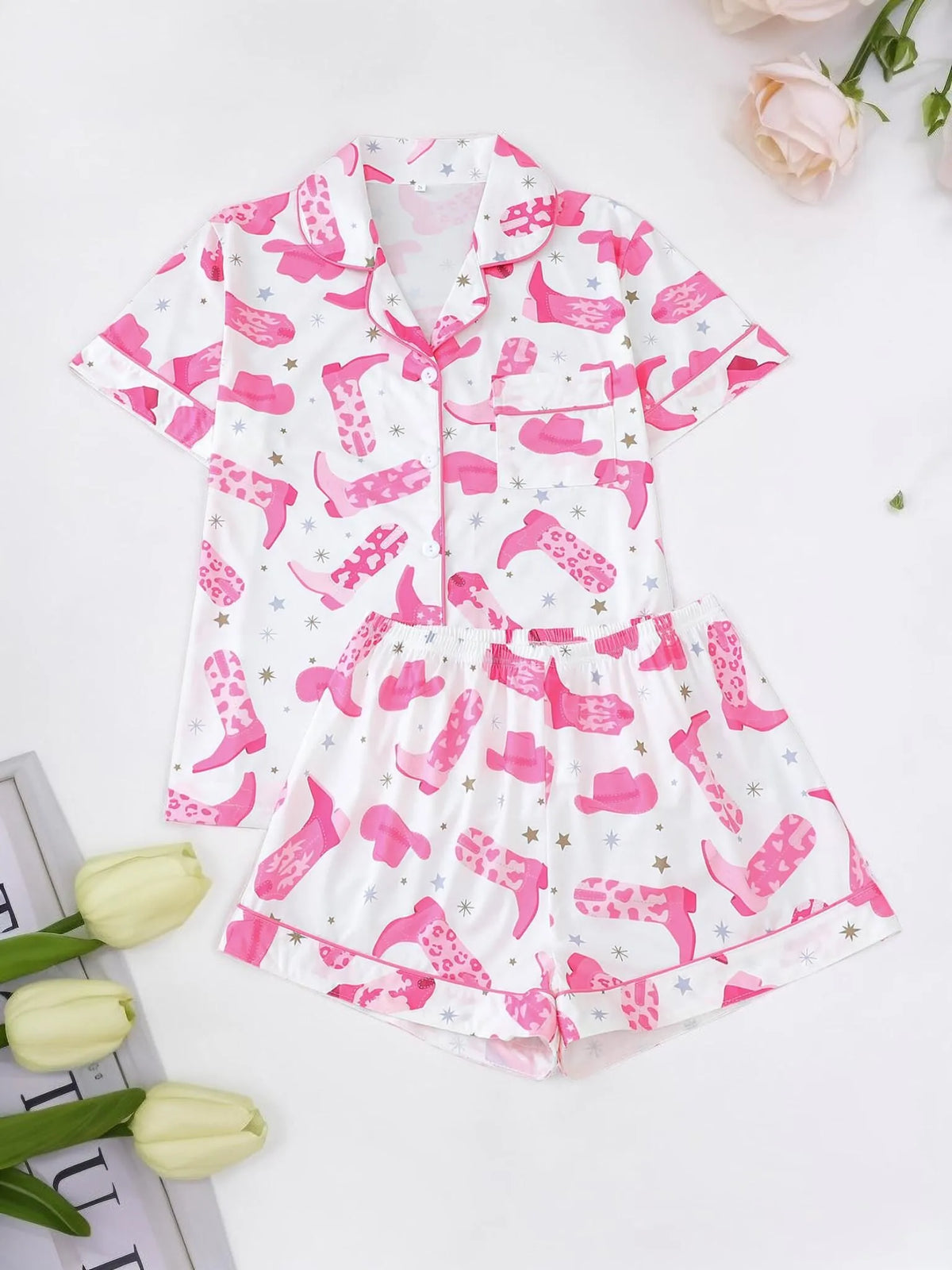 2pcs Cartoon Cowboy Print Pajama Shorts Set