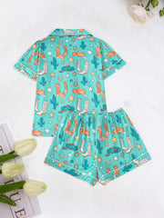 2pcs Cartoon Cowboy Print Pajama Shorts Set