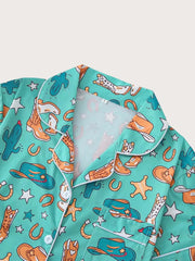 2pcs Cartoon Cowboy Print Pajama Shorts Set