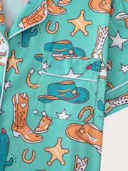 2pcs Cartoon Cowboy Print Pajama Shorts Set