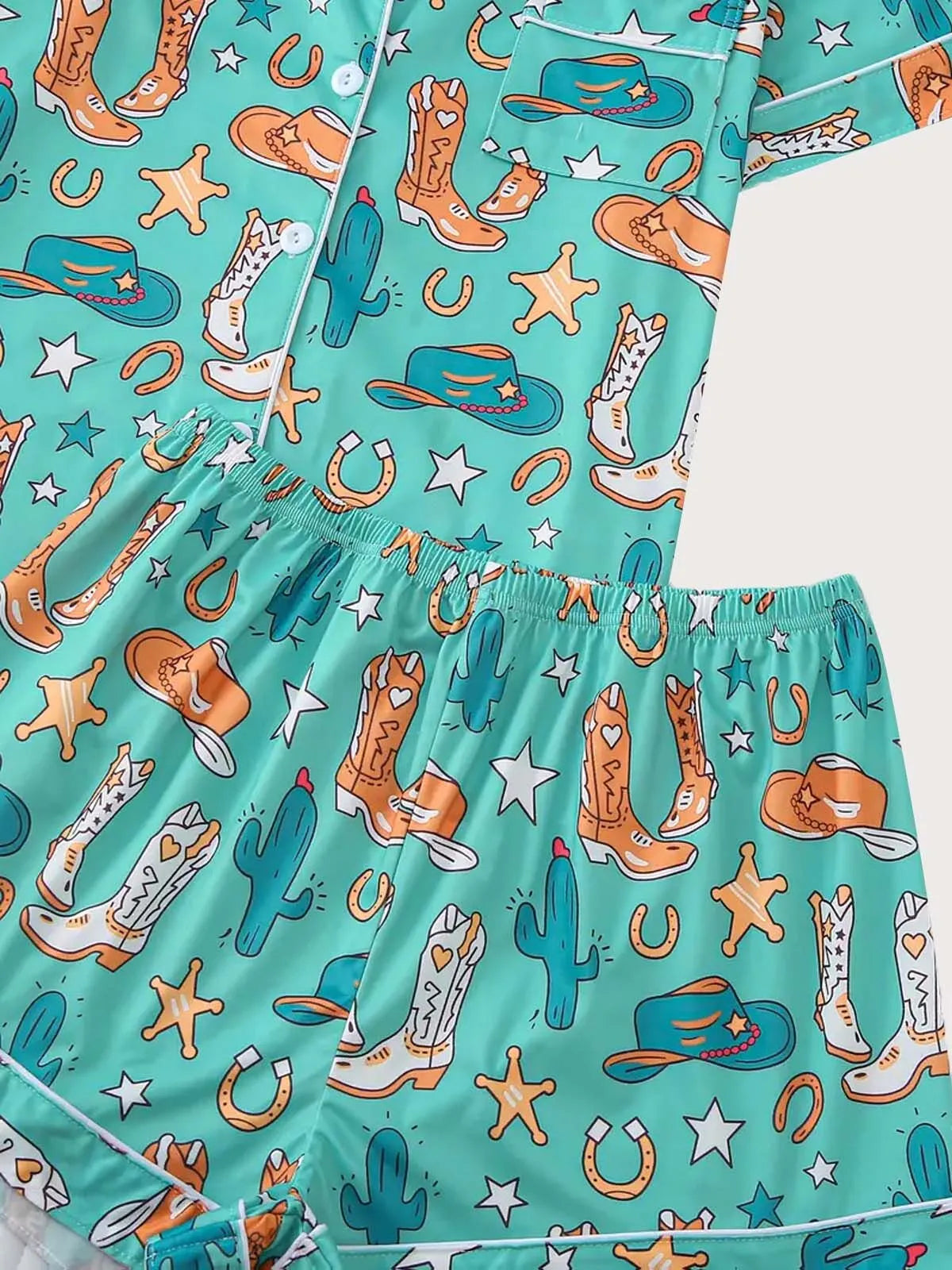 2pcs Cartoon Cowboy Print Pajama Shorts Set