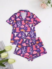 2pcs Cartoon Cowboy Print Pajama Shorts Set