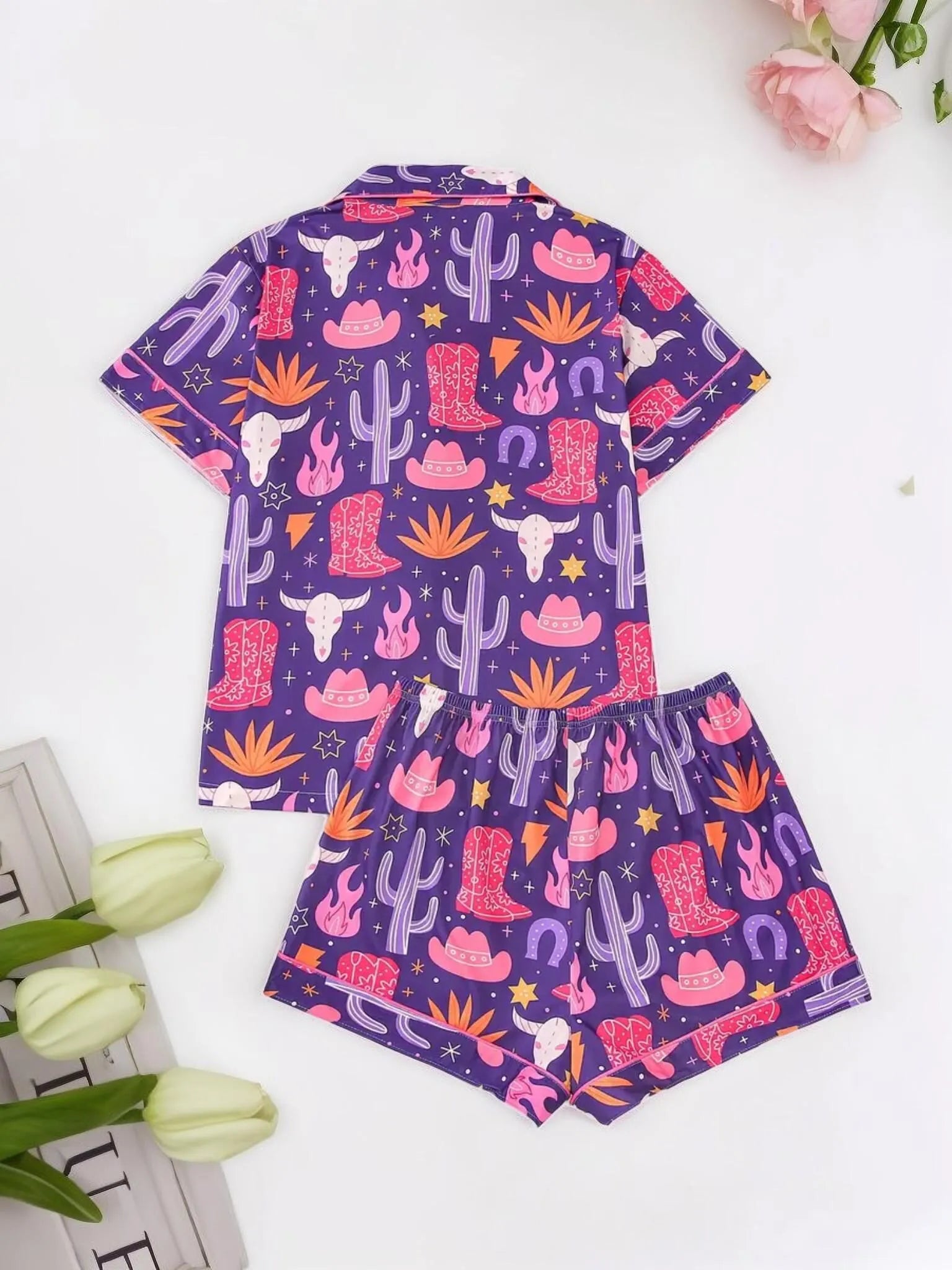 2pcs Cartoon Cowboy Print Pajama Shorts Set