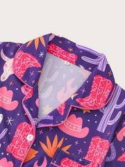 2pcs Cartoon Cowboy Print Pajama Shorts Set